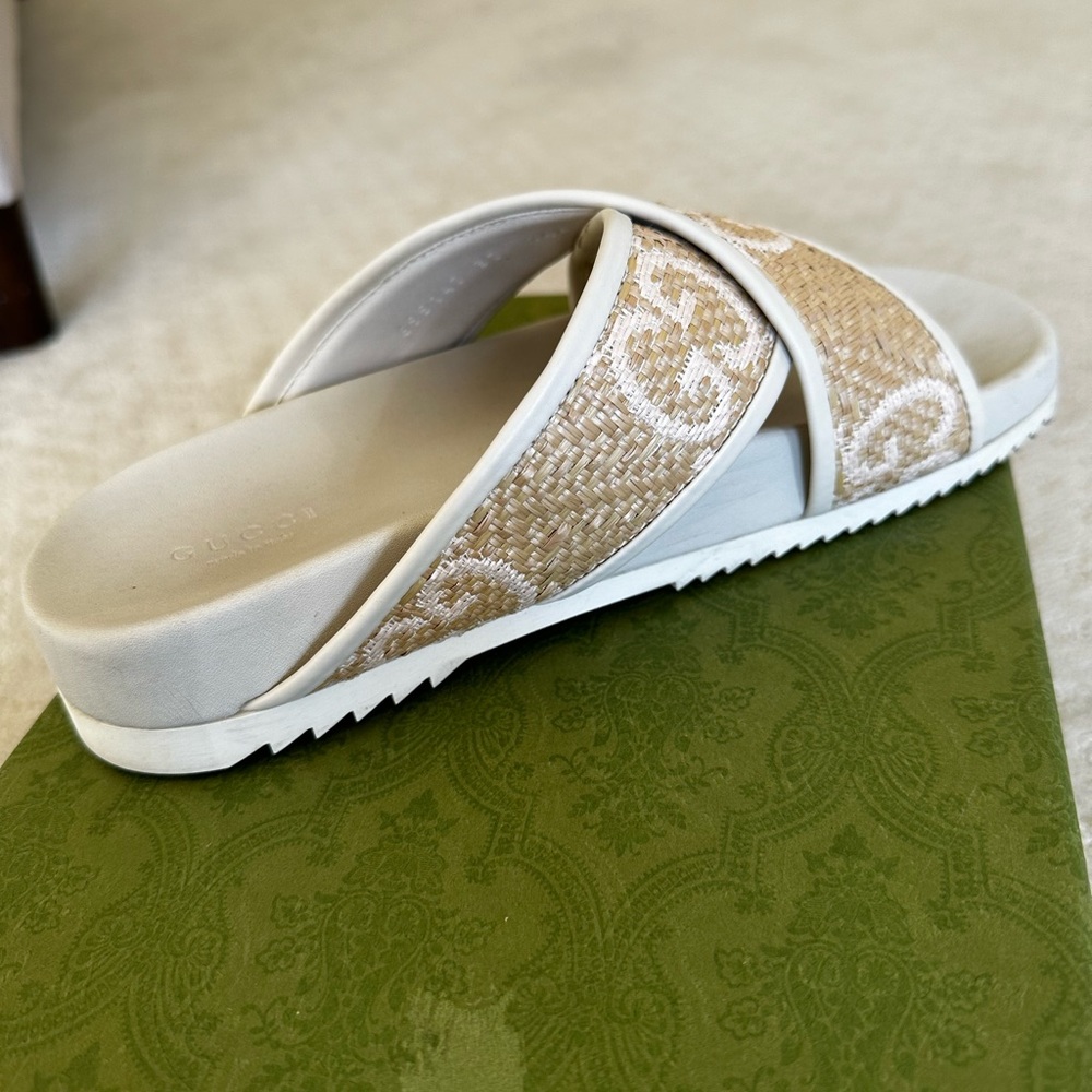 GUCCI Crossover Strap Raffia And Leather Sandals - Picture 12 of 14